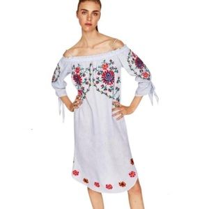 {Zara} linen embroidered off shoulder midi dress